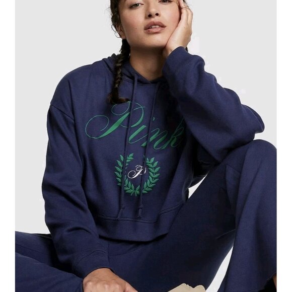 Victoria Secret Pink Cropped Top Fleece Sweatshirt Everyday Blue Hoodie S - Picture 1 of 9